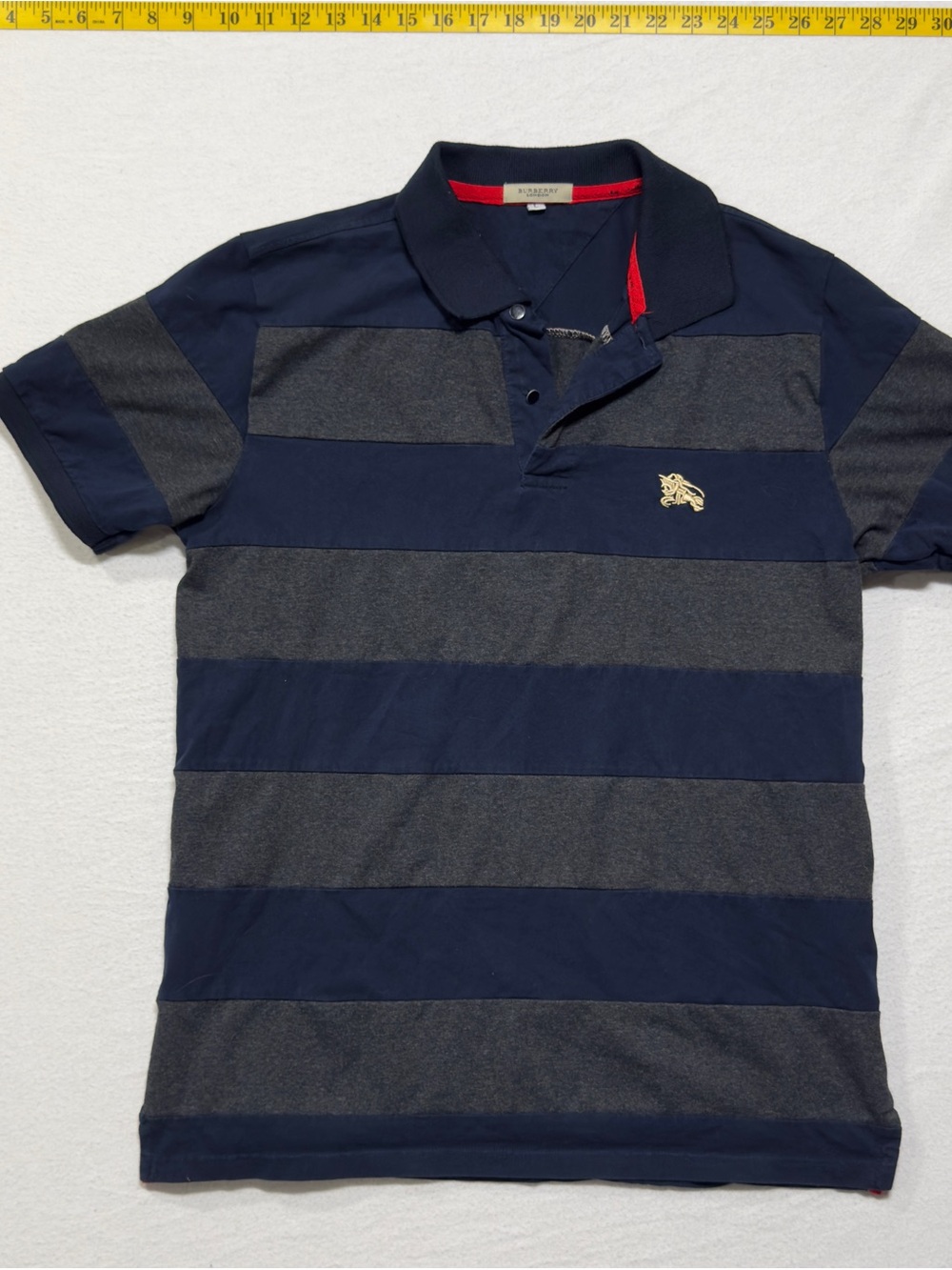 Burberry y2k Navy & Charcoal Striped Polo with Embroidered Logo